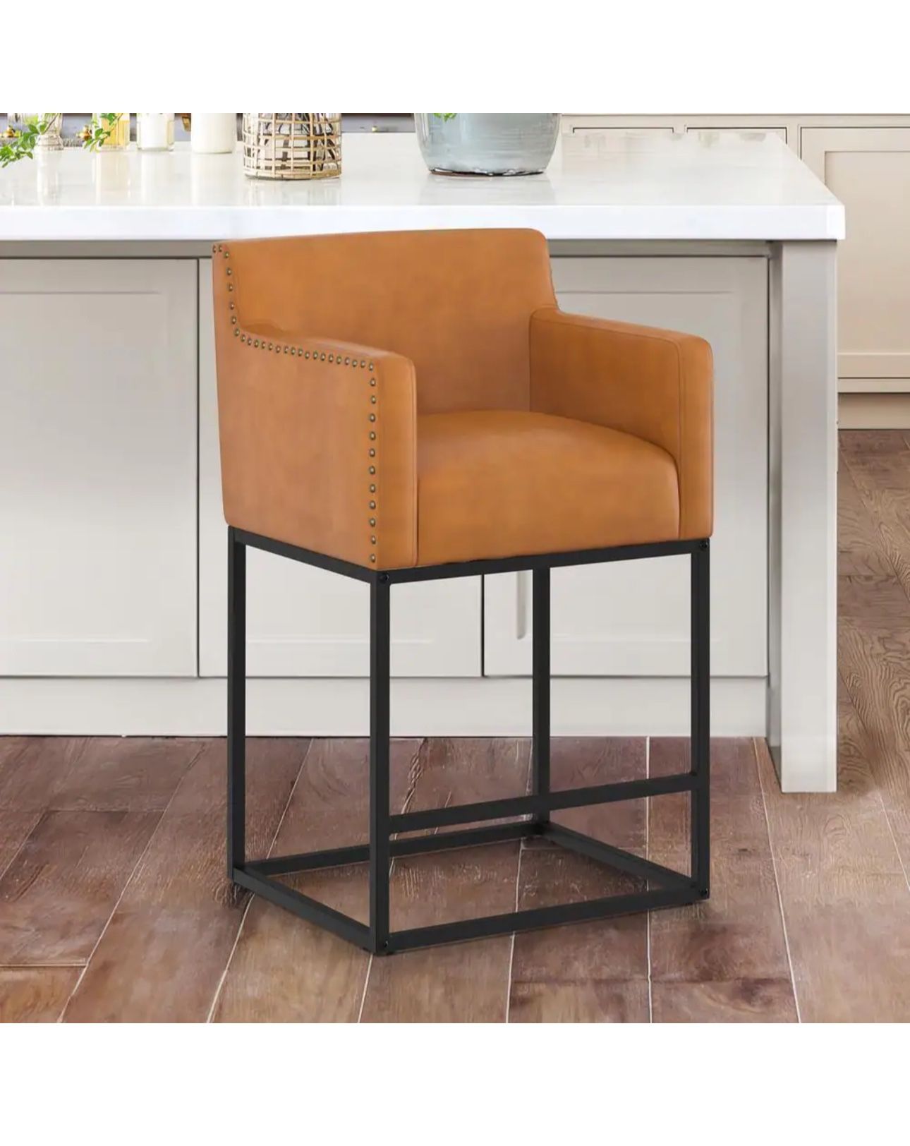 Luna 26 in. Whiskey Brown Faux Leather Counter Height Bar Stool with Black Metal Frame Square Counter Stool
