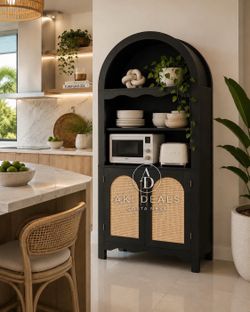63" Arched Kitchen Pantry Cabinet, with Rattan Doors & Adjustable Shelves, Black I-28