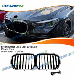 Black Front Kidney Grill Mesh Grille For BMW X5 X5M G05 2018-2023 With LED Light