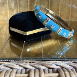VTG MCM Aqua Enamel Gold Bangle Bracelet With Crystal Rhinestones