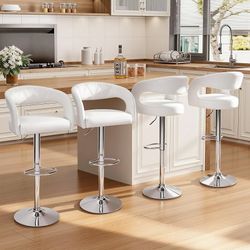 Bar Stools Set of 4 Swivel Modern Pu Leather Adjustable Barstools, Kitchen Counter Bar Stools, Island Chairs for Bar, Kitchen, Dining Room (White)