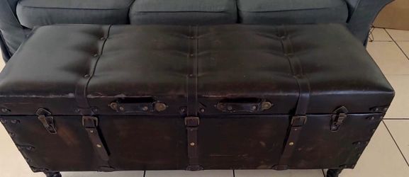 Distressed Brown Leather Storage Trunk Ottoman