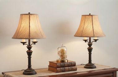 Set of 2 Vintage-Style Candelabra Table Lamps with Burlap Shades