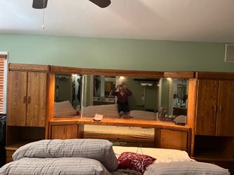 Oak wall unit with dresser and mirror