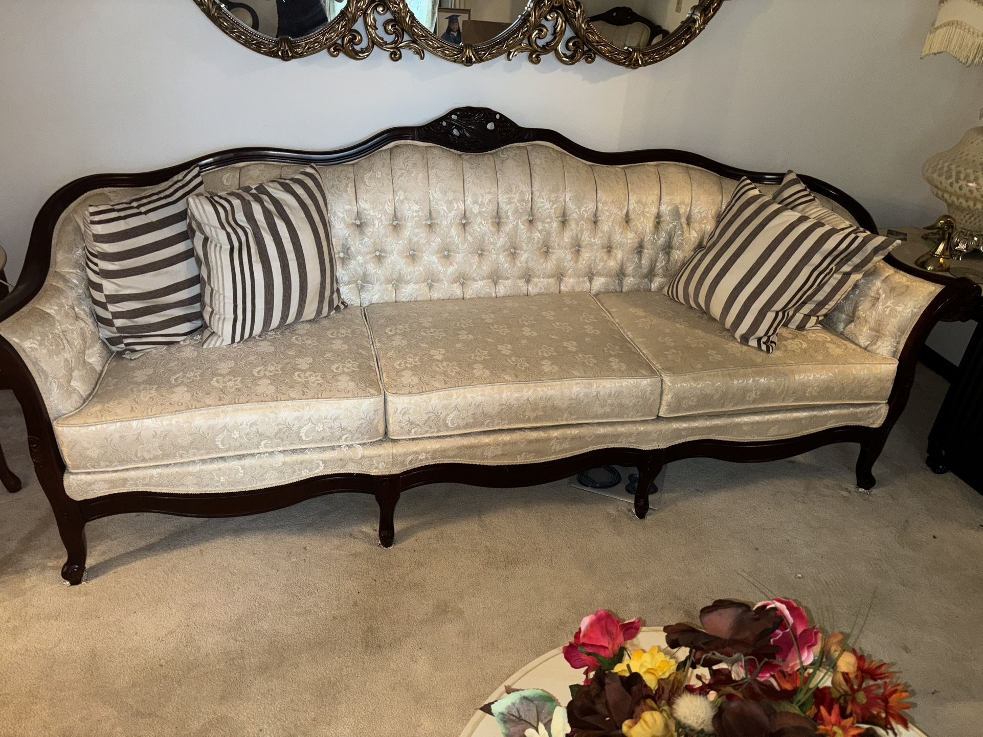 Vintage Victorian Sofa & Chair Set – Tufted Cream Upholstery & Carved Wood