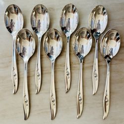 8pc 1847 Rogers Bros. Magic Rose Silverplate Soup Spoon 6 3/4” By IS Glossy