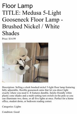 Floor Lamp TITLE: Medusa 5-Light Gooseneck Floor Lamp - Brushed Nickel / White Shades