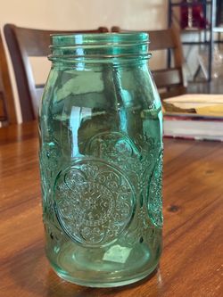 Teal Green Embossed Glass Mason Jar