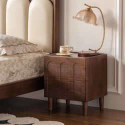 Solid Walnut Nightstand, Mid Century Modern Nightstands with 2 Arched Drawers, Small Bedside Table for Low Bed, Wooden Night Stand for Bedroom, Wood S