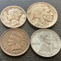 Indian Head Penny Buffalo Nickel 1943 Steel Cent Mercury Dime Four (4) Coin Set Collection Coins