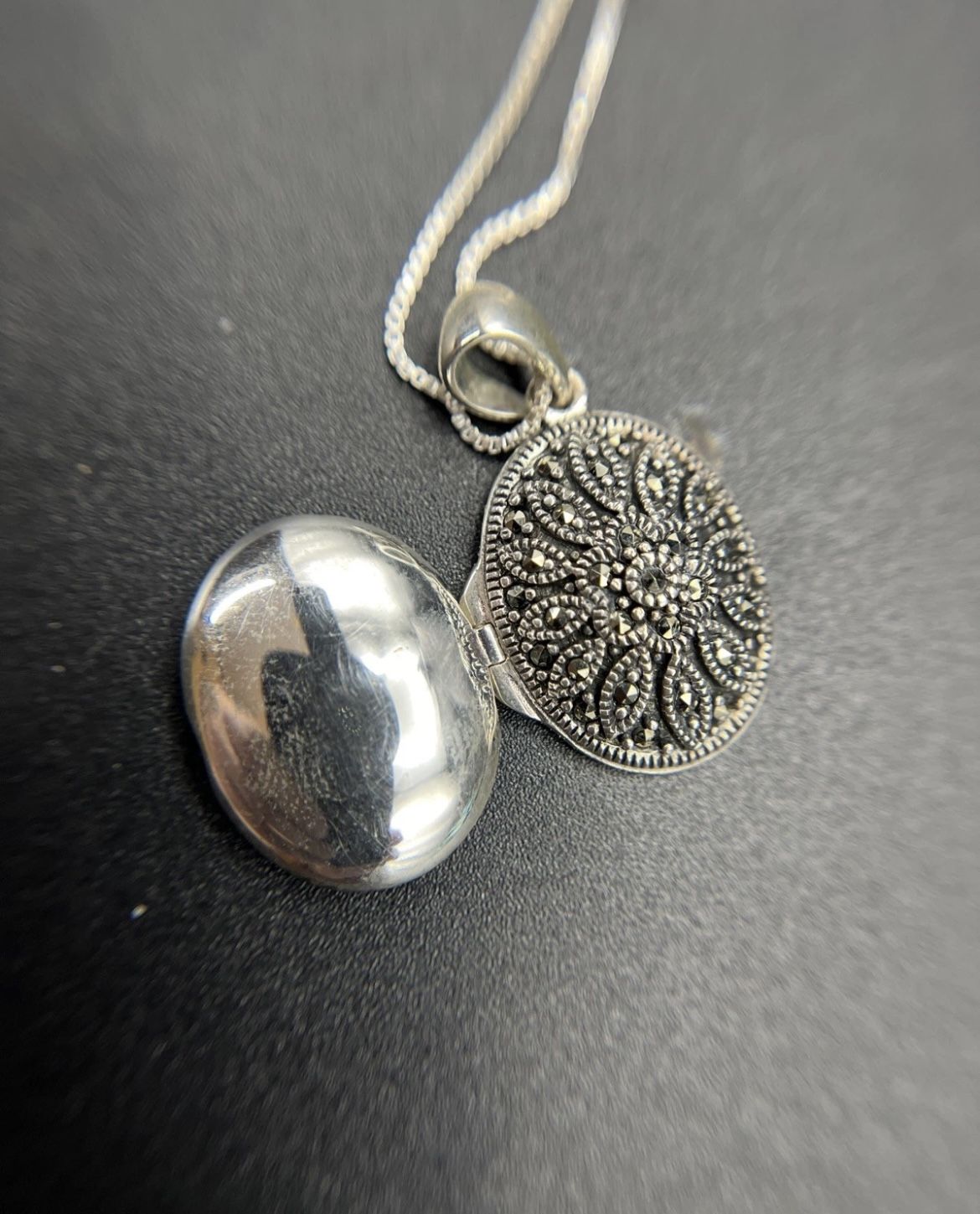 Vintage Art Deco Sterling Silver Marcasite Locket on 18" Box Link Chain