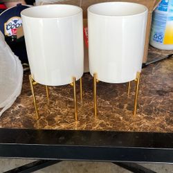 2 Ceramic Pots With Gold Toned Stand