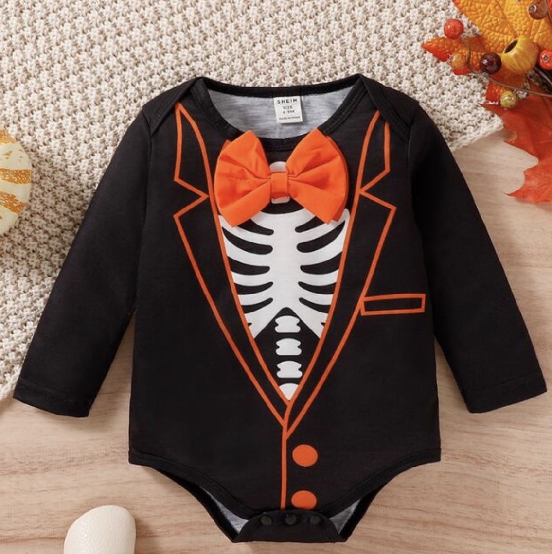 Halloween Baby Skeleton Print Bodysuit With Front Tie/ 6-9 Month