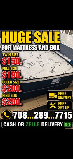 Huge sale for Mattress And Box Twin size #mattress and box 150.$ full 190$ Queen 200$ king 290$. free delivery free set up 708….289…7715… cash or Zell