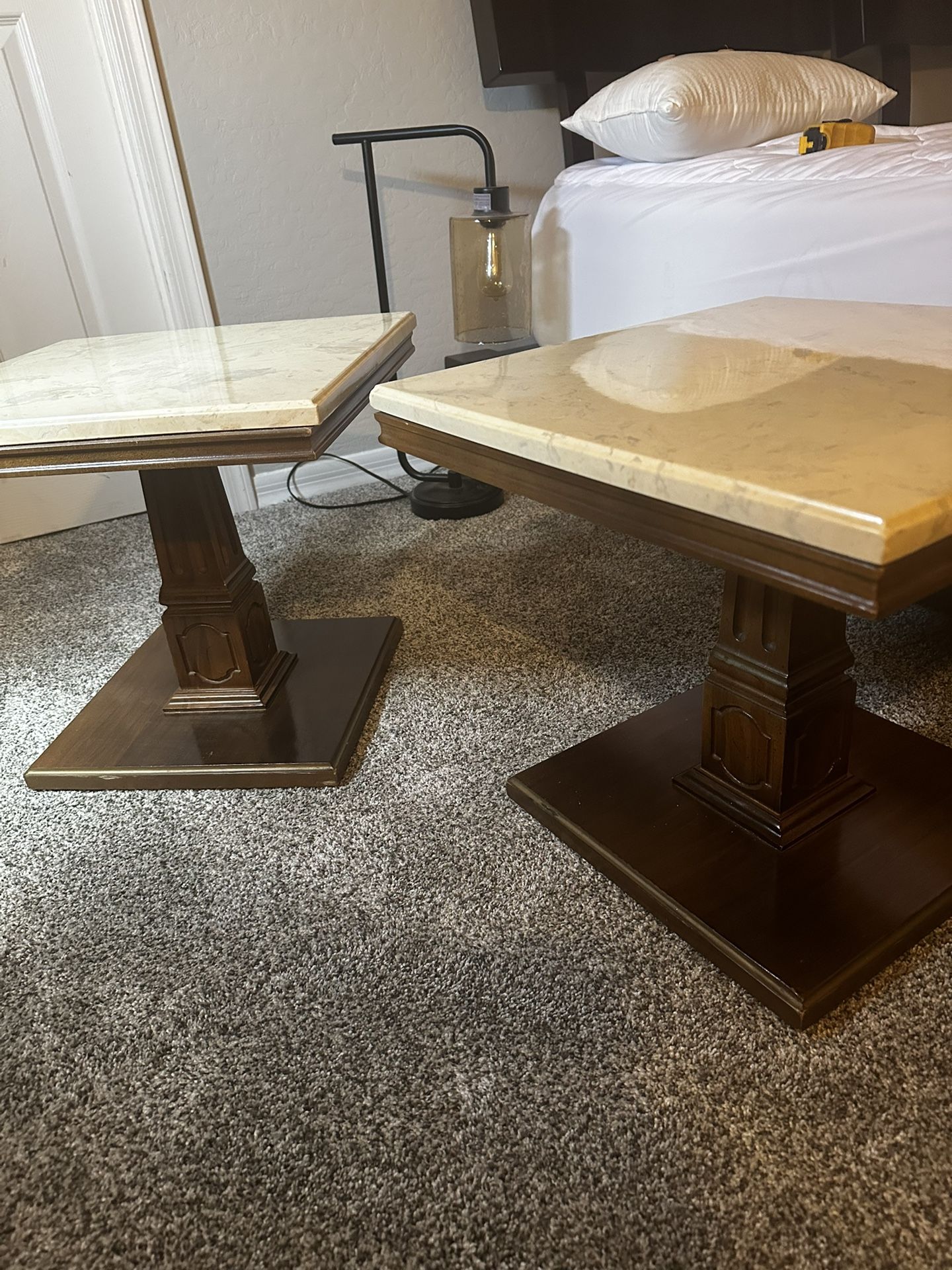 Mid Century Walnut And Marble End Tables