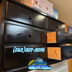 Glossy Black Solid Pine 6 Drawer Dresser 