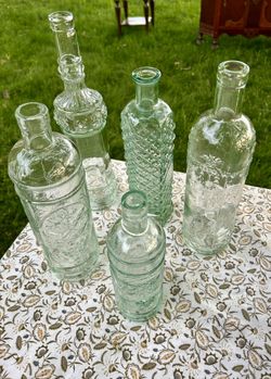 Set Of 5 Vintage Green Glass Bottles-Various Sizes