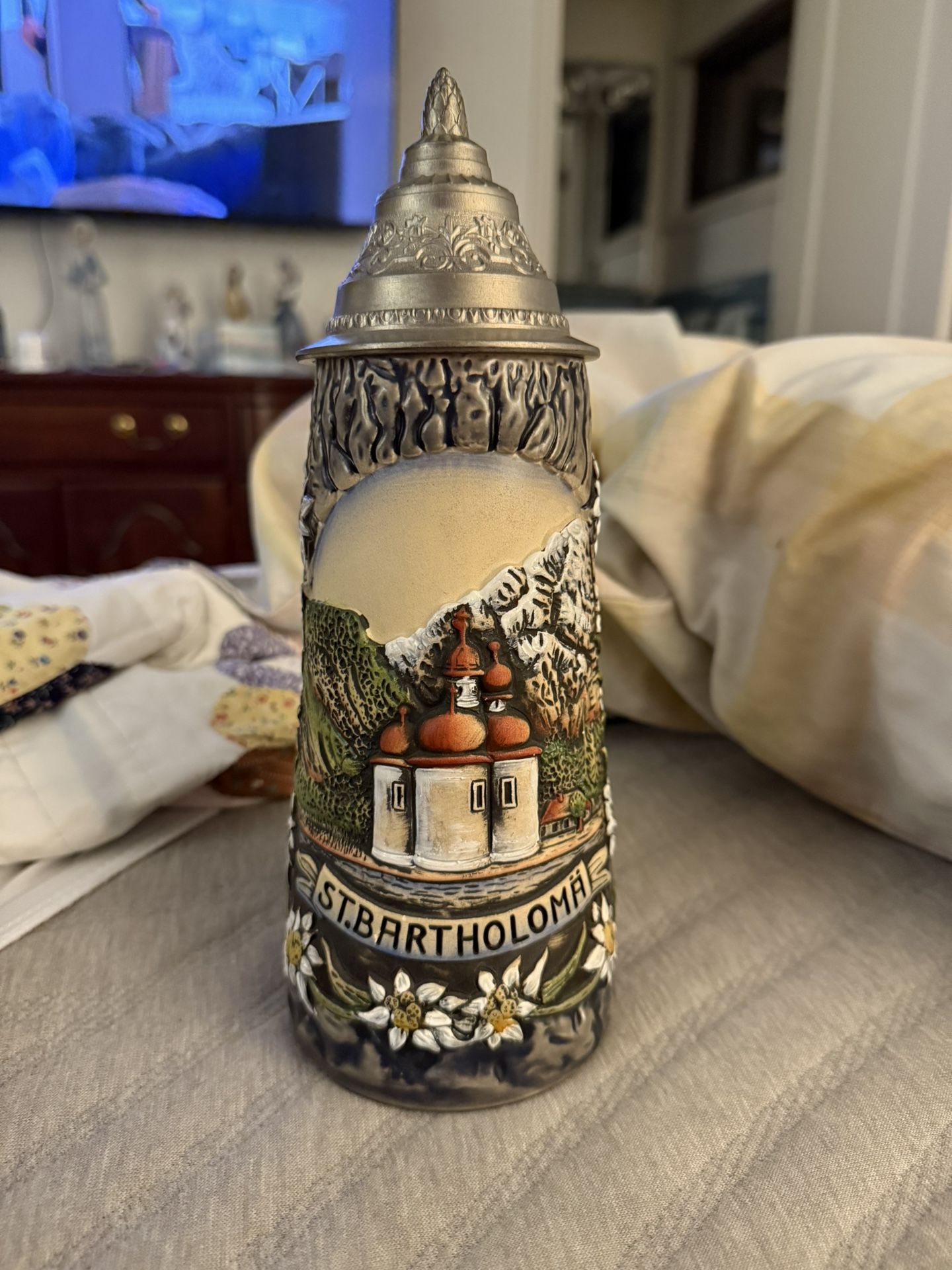 St. Bartholomä Scenic Ceramic Collectible Beer Stein Made In Germany w/ Lid 10”