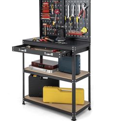 Assembled New Workbench Work Table with Drawer Pegboard Hanging Accessories Topping Space
