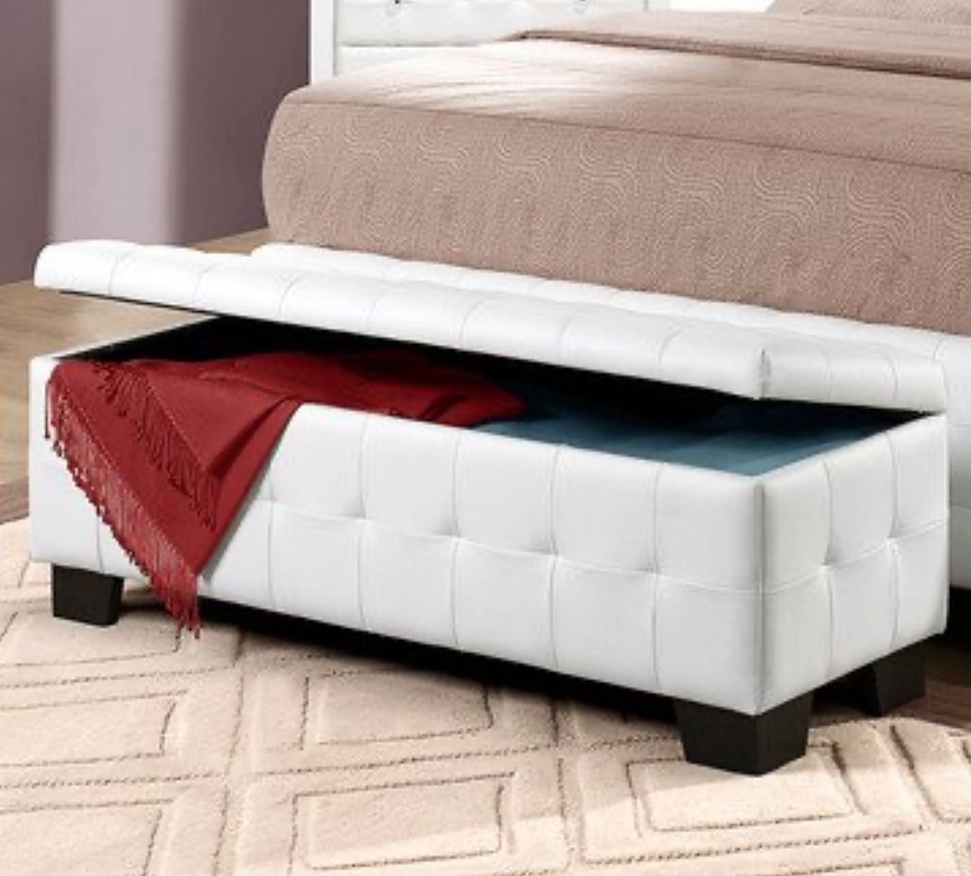 Storage Ottoman Bench White Leather