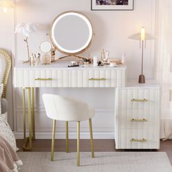Mori Modern Vanity Desk with Lighted Mirror and Storage Drawers, Beige