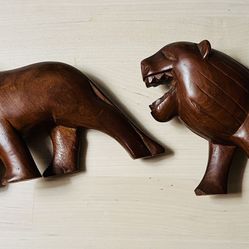 2 Vintage Hand Carved Wooden Walking Lions 