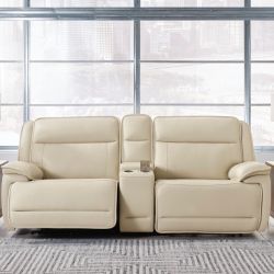 🛋️ Double Deal Power Reclining Loveseat w/ Console – Real Leather – Almond – Brand New!