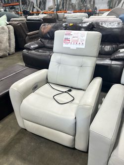 Light grey leather power recliner