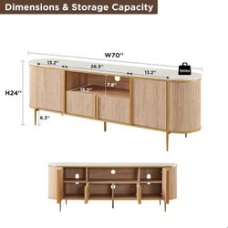 Luxury 70" Fluted TV Stand, Modern Chic Entertainment Center for TVs Up to 80 inches, TV Console with Faux Marble Top, Curved Profile Design, Media Co