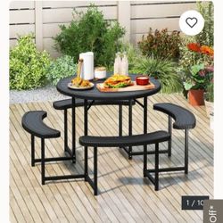 Round Picnic Table Bench Set with 4 Benches Umbrella Hole 