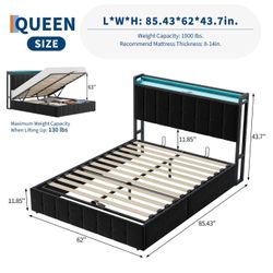 Lift-Up Storage Bed Frame with LED Lights & Charging Station, Upholstered Button-Tufted Headboard, Heavy Duty Metal Platform, Wooden Slats, Noise-Free