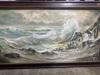 Oil Painting Ocean Waves By Cliffs Size 53.6 Inches By 29.6 (with A Frame)
