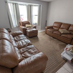 Light Brown Leather Living Room Set – Couch, Loveseat, Chair & 