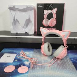 New Cat Ear Headset, USB Pink Gaming Headset W/ Retractable Mic, 7.1 Surround Sound, RGB Lighting, Wired Headset for PC, PS4, PS5, USB