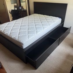 IKEA Malm Full Size Bed Frame/ 4 Storage Boxes Black and IKEA Mattress Very Clean and Good Condition