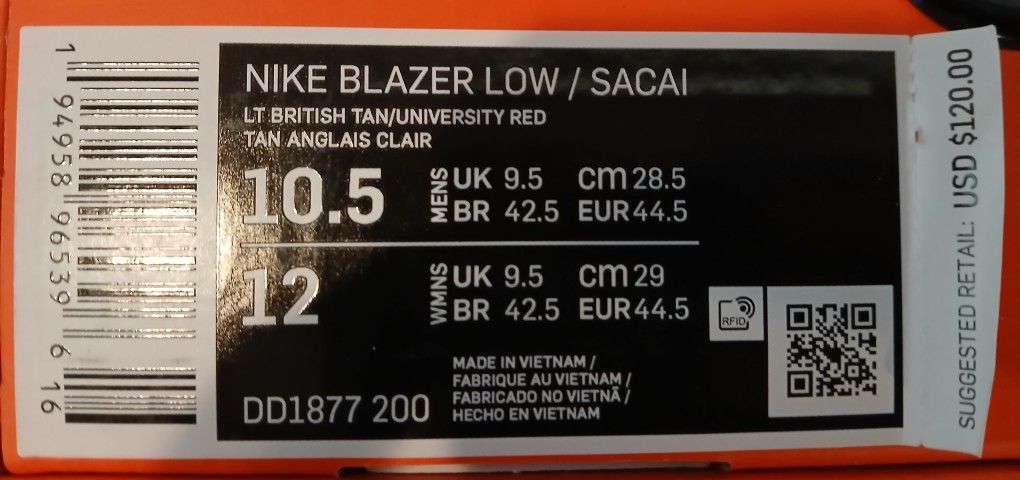 Nike Blazer Low X Sacai British Tan SZ 10.5