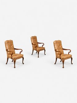 Set of 3 Queen Anne Leather & Wood Armchairs, c.1960's - Delivery Available