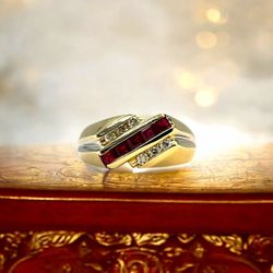 14kt Yellow Gold with Princess Cut Red Stones and Small Round Diamonds Band Ring.