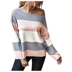 Women’s Casual Striped Color Block Knit Sweater Long Sleeve Crew Neck Loose Pullover Tunic Blouse Tops