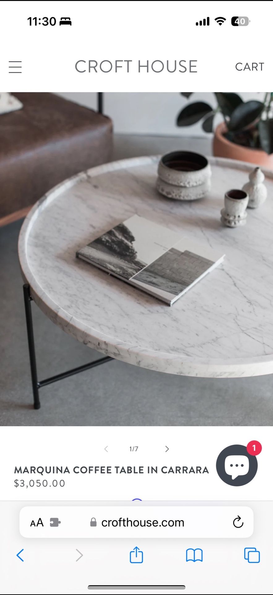Carrara (honed) marble coffee table from Croft House