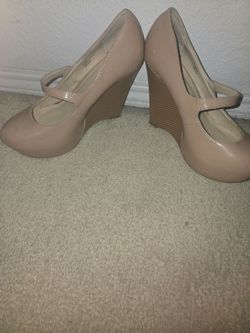Nude Patent Wedge Mary Jane Heels