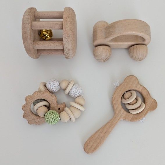Natural Wooden Baby Toy Rattles Set, 4-Pieces