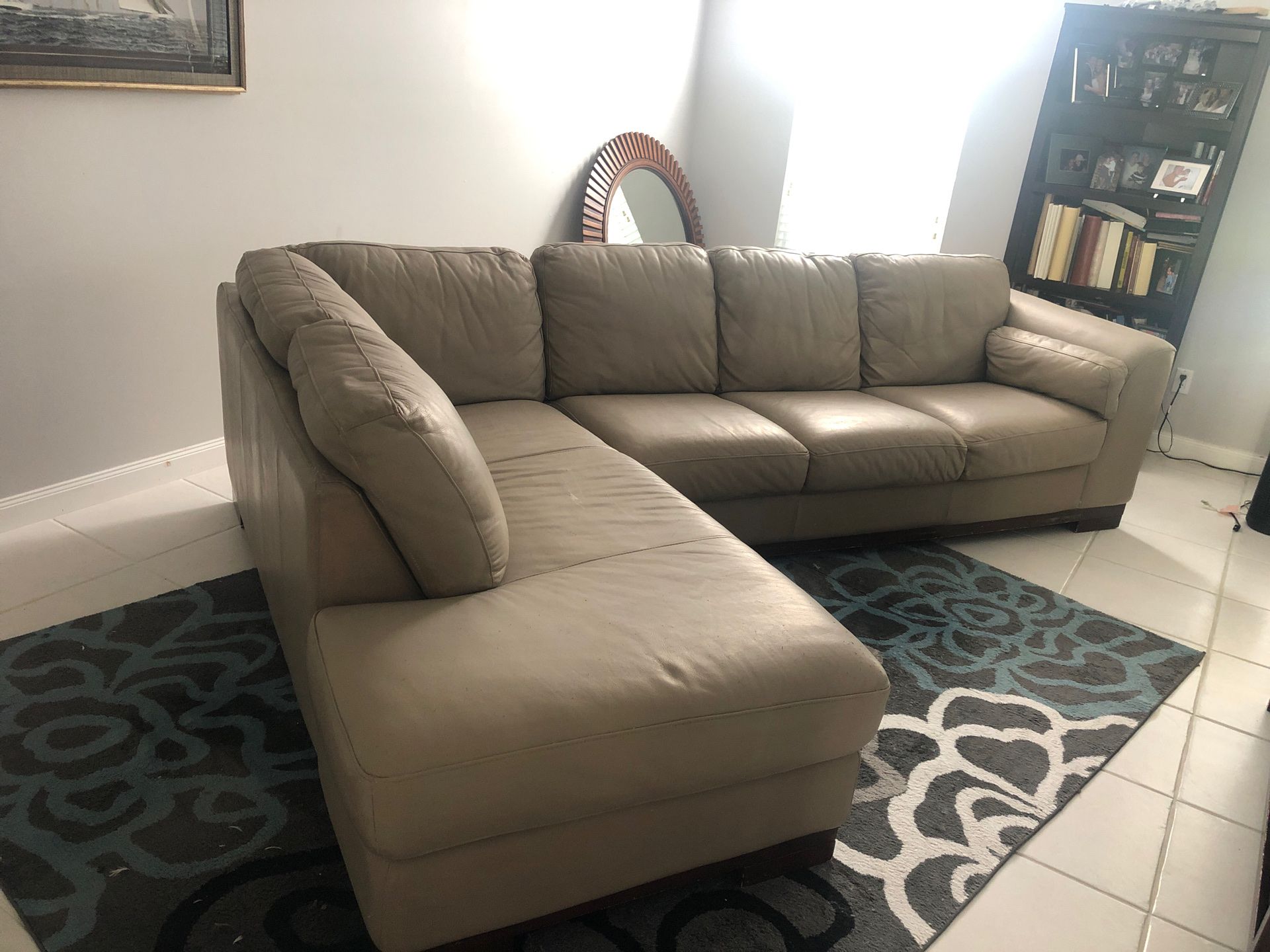 Tan leather sectional couch sofa