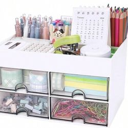 Desk Organizer, Office Organizer With Drawer, Desk Accessories Workspace Organizers, Pen Holder Office Supplies Desk (4 Drawers+4 Compartments, White)