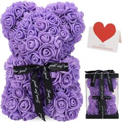 Rose Bear Flower Teddy Bear Purple 10 Inch Artificial Gift Transparent Gift Box