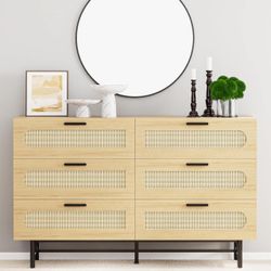 6 Drawer Double Dresser for Bedroom, Natural Rattan Chest with Drawers, Modern Wood Boho Dresser with Handles, Storage Closet for Closet, Living Room 
