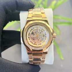 Elite Royal Gold Leather Edition – Reloj Automático Skeleton de Lujo