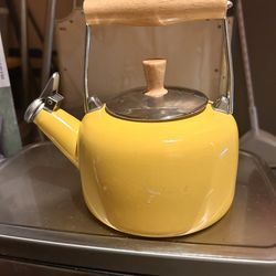 Vintage kitschy yellow teapot wooden handle