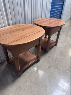 Pair of Solid Wood Oval End Tables with Drawer — Farmhouse/Country Style