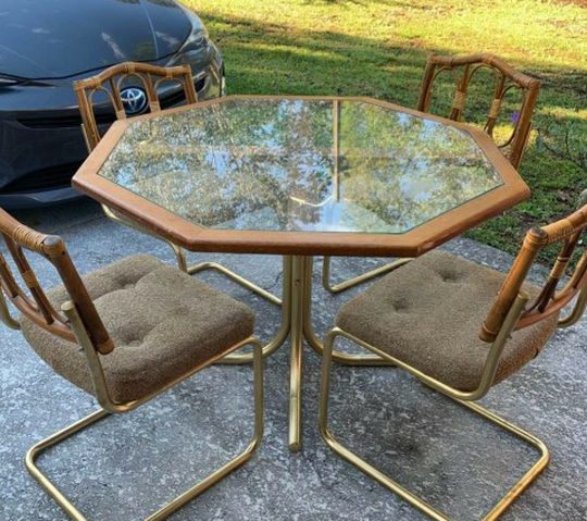 Vintage Octagon Dining Table Wood Glass Brass